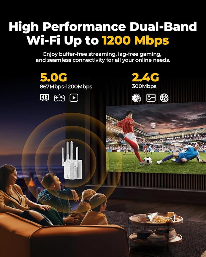 WiFi Extender Signal Booster,WiFi Extender Supports 105 Devices, 1.2Gbps Home Signal Booster,Dual Band 5GHz/2.4GHz, WiFi Booster Up to 12880 Sq.ft, EasyMesh Compatible, One Ethernet Port