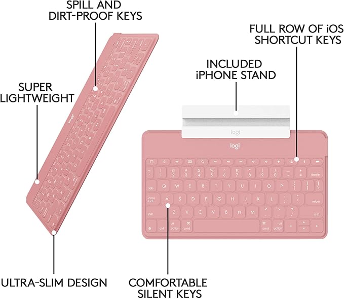 Logitech Keys-to-Go Super-Slim and Super-Light Bluetooth Keyboard for iPhone, iPad, Mac and Apple TV, Including iPad Air 5th Gen (2022) - Blush Pink