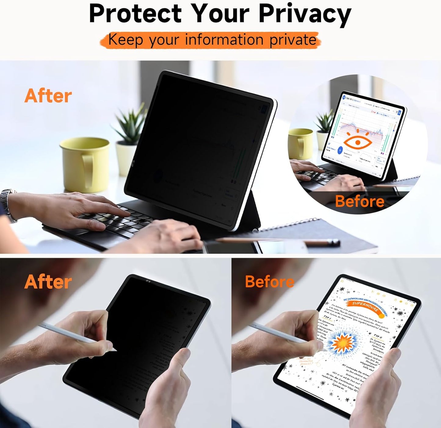 Upgrade 360° Privacy Screen Protector for Apple iPad Pro 13 inch 7th M4 2024, Magicsuction 4-Way Anti Spy Glare Blue Light Filter (Landscape+Portrait Privacy), High Sensitive/Bubble Free/Reusable