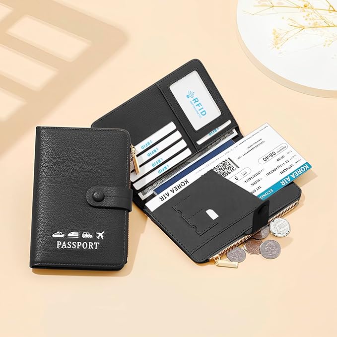 DOB SECHS Passport Holder Wallet for Women, Leather RFID Blocking Passport Cover Credit Cards Case Women Travel Accessories Organizer Pouch Bag with ID Window+Zippered Cash Pocket+SIM Slots, Black