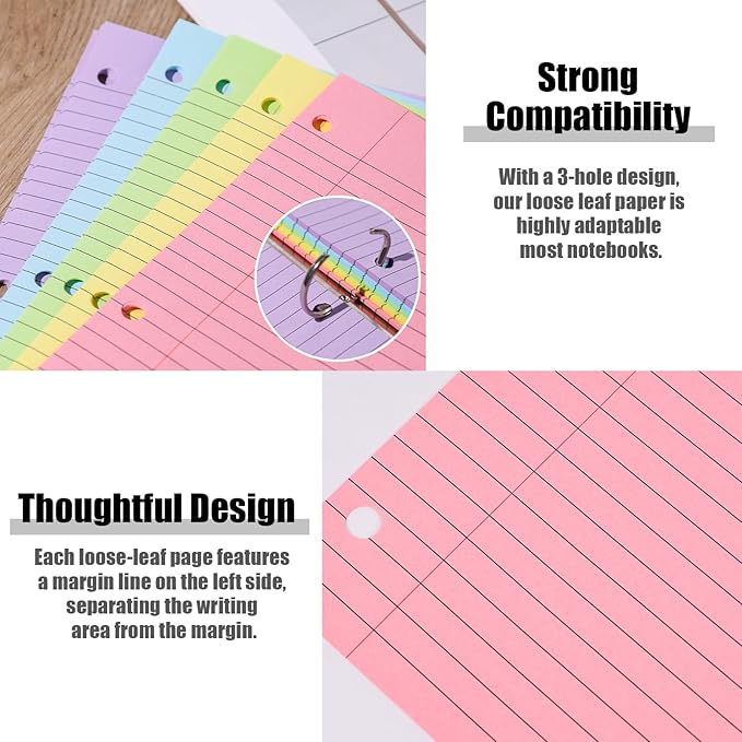 Koogel 100 Sheets Loose Leaf Notebook Paper – 5-Color College Ruled, 3-Hole Punch, 8 x 10.5 Inch for School, Office & Travel Notes
