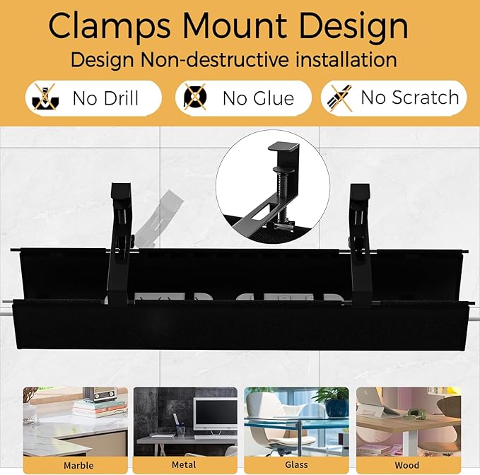 Under Desk Cable Management Tray 27.2" - No Drill Computer Wire Organizer Cable Tray, Fabric Cord Hider Clamp Mount, with 16X Cable Ties PC Cables Management Cord Holder for Office/Home (Black)