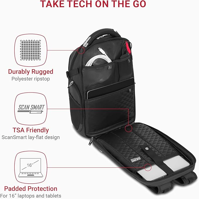 SwissGear Travel Tech Elite Laptop Backpack – Fits Laptops up to 16” – ScanSmart TSA-Friendly Backpack with USB Port, Shoe Compartment & Organizer Pockets – Heather Grey