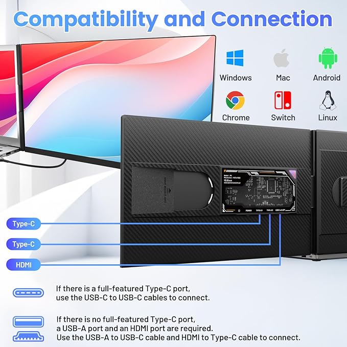 Teamgee 15.6" Laptop Screen Extender, Slim & Lightweight Portable Monitor for Laptop, Full HD IPS, 360° Rotating Stand, Detachable, USB-C Plug & Play, RGB Lighting, Thin Bezels