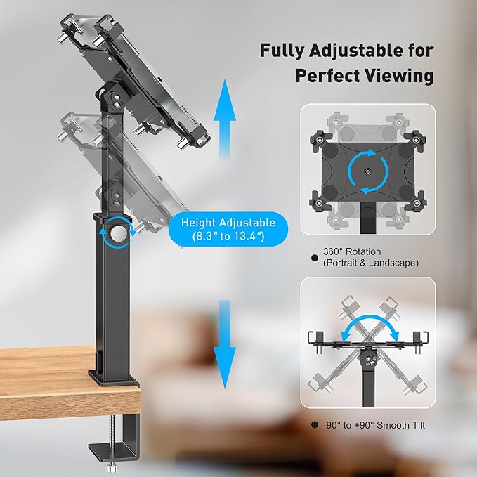 AboveTEK iPad Clamp Mount Desk, Adjustable Tablet Holder Clamp with 360° Rotation & 180° Tilt, Fits 9.7"-13" Tablets, Anti-Theft iPad Desk Stand, Heavy-Duty Aluminum Tablet Stand, Perfect for Work