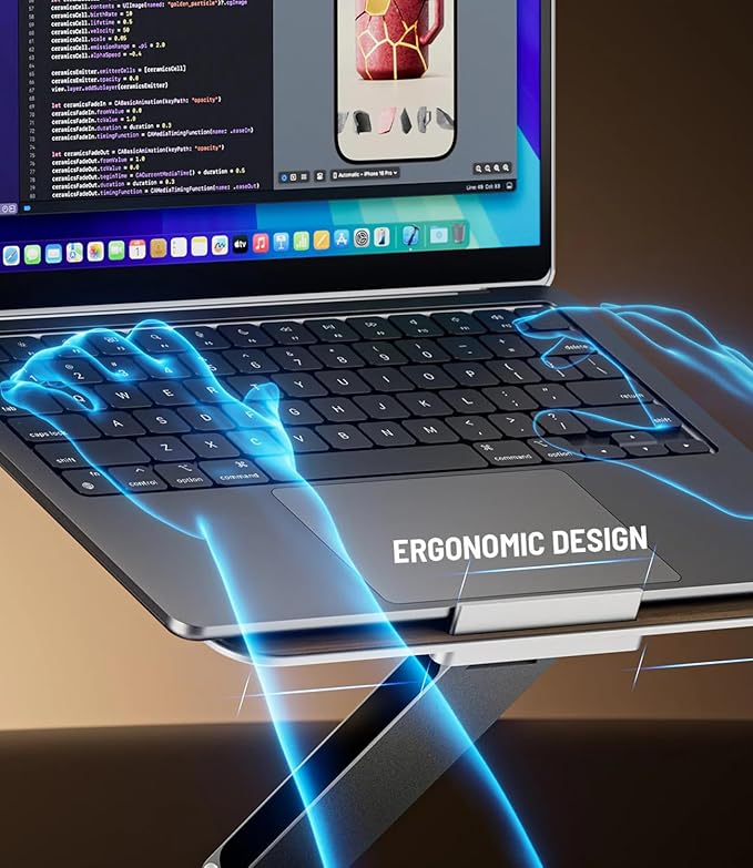 Adjustable Laptop Stand with 7-in-1 Hub, Foldable Portable Aluminum Laptop Riser with 360° Swivel Base for Desk, Ergonomic Computer Notebook Stand Holder for All Laptops 10-17"-Gray (Wooden)