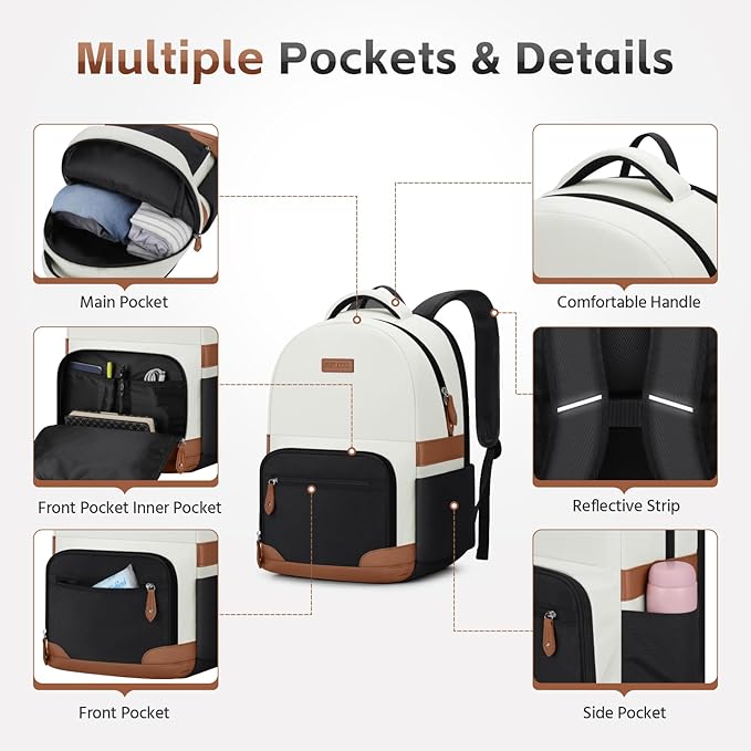 RealCool Laptop Backpack, 31L Travel Backpacks for Women Men, Fits up to 15.6-17 Inch,Water Resistant College Bookbag, for School Business Trip (Beige-Black)