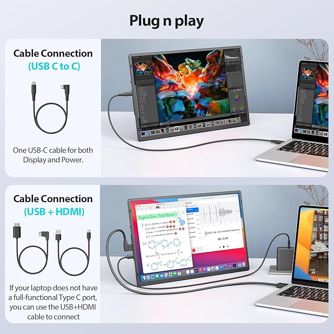 16.2'' Laptop Monitor Extender, 1920 * 1200 USB-C/HDMI with Retractable Stand, Ultra-Slim Laptop Screen HDR Eye Care Computer Display Plug-Play, External Monitor for MAC PC Phone PS4 Switch