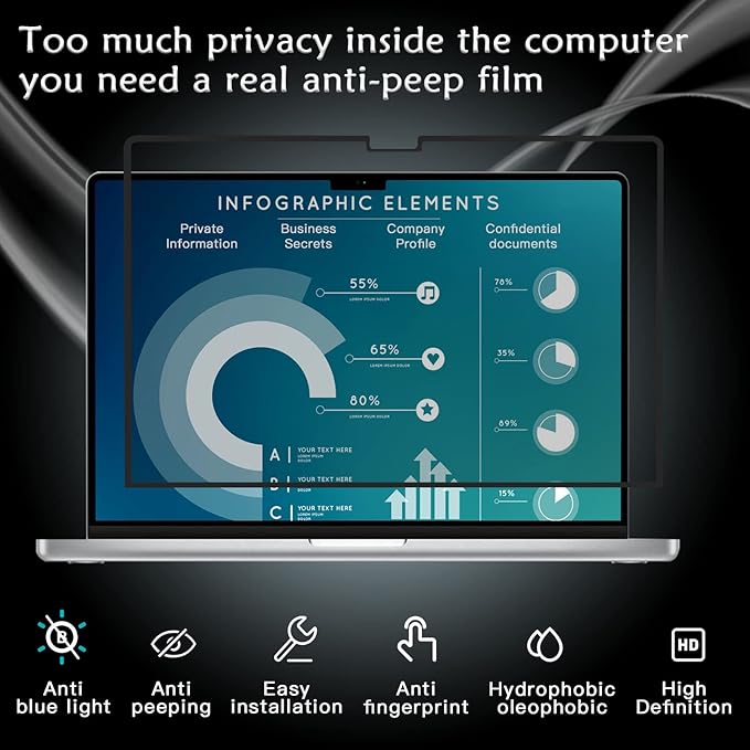 PYS Privacy Screen Macbook 16 inch, Compatible with Macbook 16.2 inch (2021-2023) [M2 Pro / M2 Max / M1 Pro / M1 Max], Anti-Spy/Bubble Free/Removable