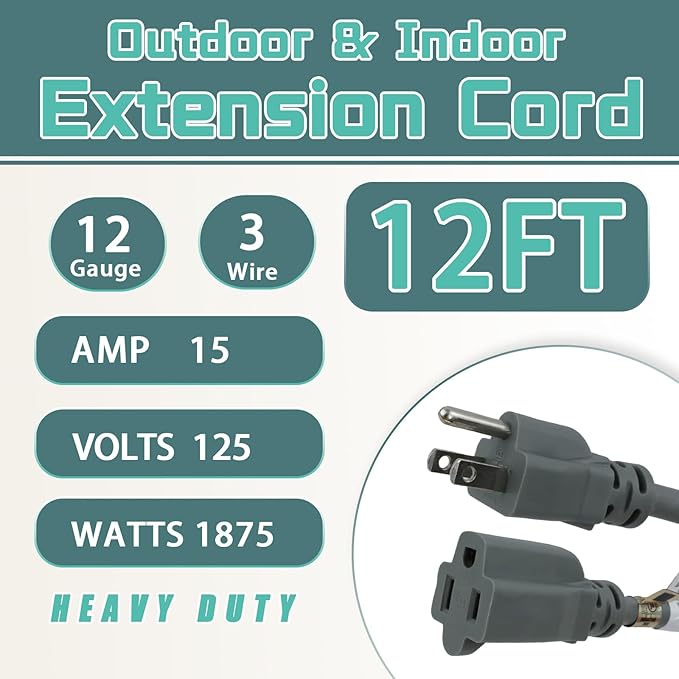 12 Ft Outdoor Extension Cord - 12/3 SJTW Heavy Duty Grey Extension Cable with 3 Prong Grounded Plug - Power Cord for Lawn, Garden, Appliances