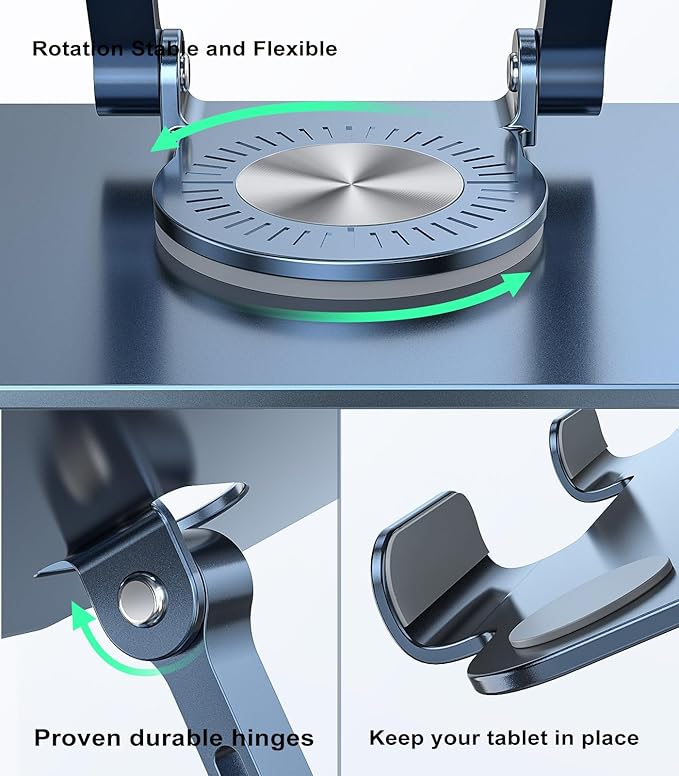 Swivel Tablet Stand with 360 Rotating Base, Adjustable Holder for Drawing, Compatible with iPad Pro/Air/Mini and More (Blue)