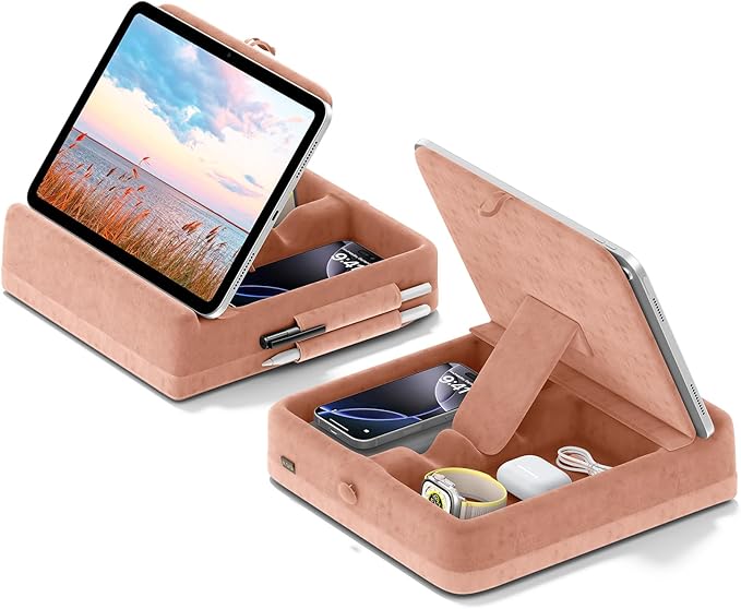 KDD Tablet Pillow Stand with Storage, Foldable iPad Holder for Bed, Lap and Desk, Angle Adjustable Soft Pad Dock with Stylus Mount Compatible with iPad Pro 12.9, 10.5, 11, Air, Mini, Phones, Books