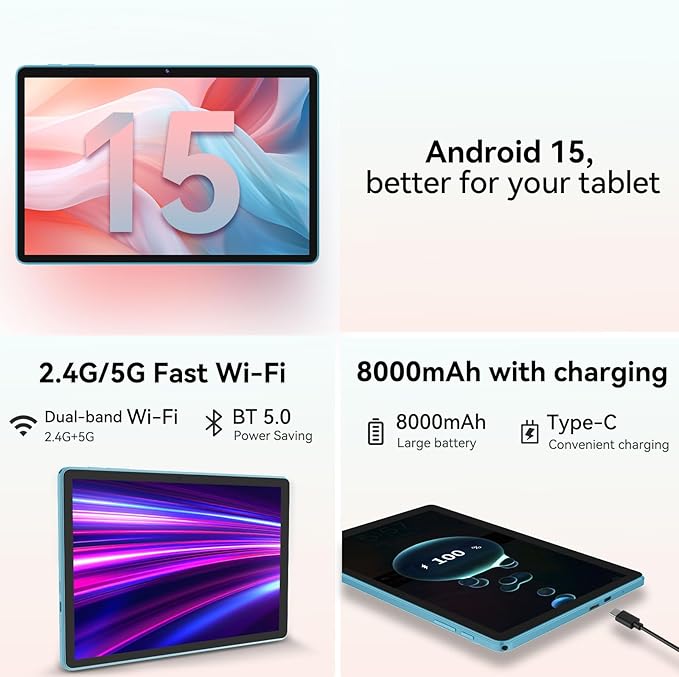 Tablet 11 inch Android 15 Tablets, 24GB RAM + 128 Storage(Expandable up to 2TB), Android Tablet with Case, Octa-Core, IPS HD Display, 13 MP Dual Camera, 8000mAh, 5GWiFi, GPS, Bluetooth 5.0 (Blue)