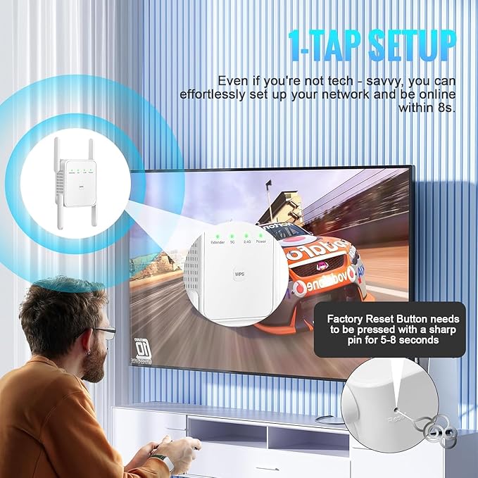 WiFi Extender Signal Booster-WiFi Booster 1200Mbps Dual Band (5GHz/2.4GHz) 360 Full CoverageUp to (10000 sq.ft) and 35 Devices 1-Tap Setup, WiFi Repeater with Ethernet Port(White)
