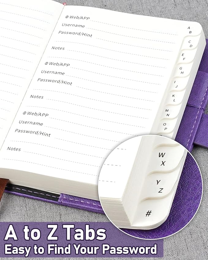 WEMATE Password Book with Lock with Alphabetical Tabs 600+ Password Space,Password Organizer Logbook with Lock, Password Keeper for Computer 4.33 X 6.18 Inch Purple
