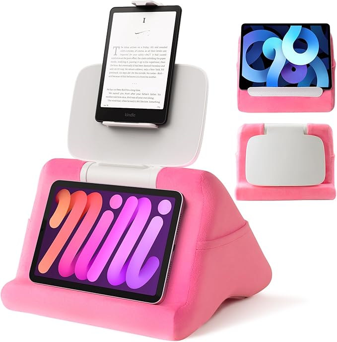 SAIJI Tablet Kindle Stand Pillow - iPad Holder for Lap Reading in Bed, with Lifter & Angle Adjustable Multi-Function Clip for 4-13" Tablets, iPad, Kindle, Phone, Pink
