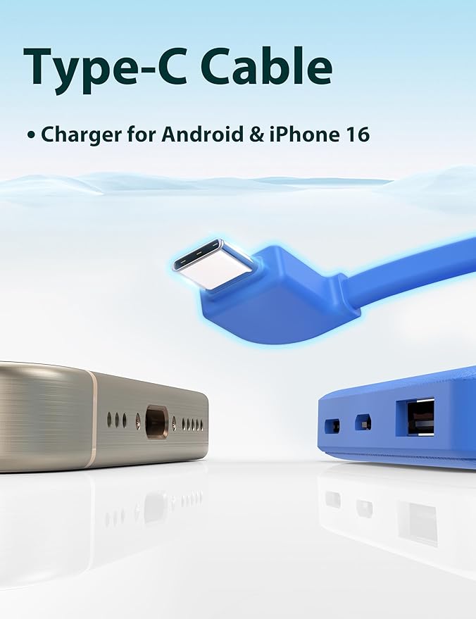 6000mah Ultra Slim Built in Cables Power Bank, Card Size Built in USB C Cords Battery Pack Portable Charger for Phones, 3 Output External Battery Pack Compatible with iPhone, Samsung, Deep Blue