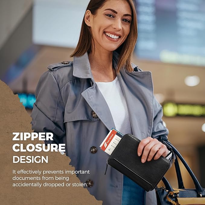 VULKIT Leather Passport Holder for 4-8 Passports Family Passport Wallet with Zipper Travel Documents Organizer for Men or Women(Black)