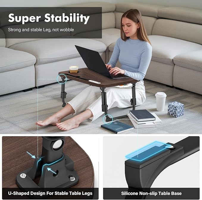 Lap Desk for Bed Adjustable Height, Foldable Bed Table with Storage Drawer, Tablet Slot & Cup Holder, Portable Laptop Stand for Bed & Sofa, Bed Desk for Adults & Kids, Walnut