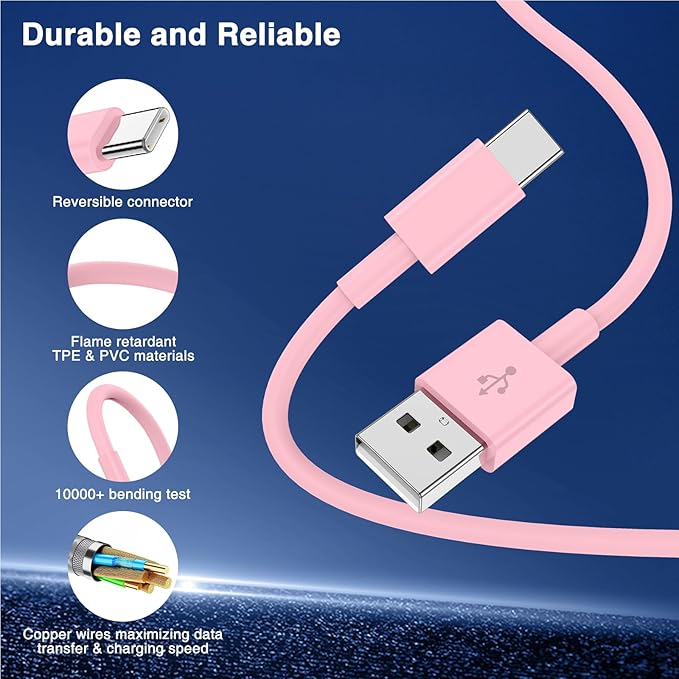 3-Pack Pink [3.3FT+3.3FT+6FT] USB A to USB C Cable，USB to USB C Car Carplay Cable for iPhone 16 15 Pro Plus Pro Max，for iPad Pro/Air/Mini，for Samsung S24/S23/S22，for MacBook Pro/Air and More