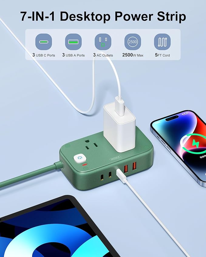 Travel Power Strip with USB C - 40W Charging Station with 2 Outlets 3 USB A & 2 USB C - Charger for Multiple Devices, 5Ft Flat Plug Extension Cord, Non Surge Protector for Cruise Travel Office(Green)