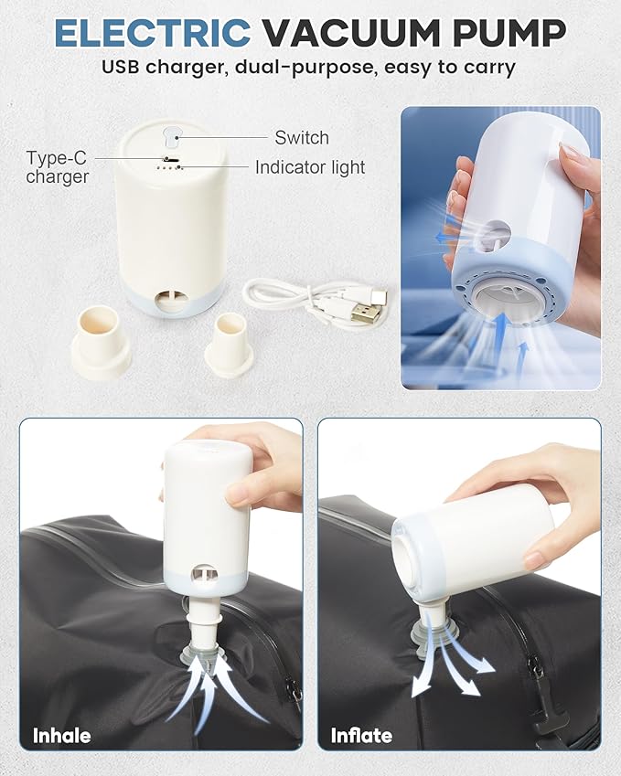 Vacuum Travel Backpack with Pump for Women,Personal Item Carry on Backpacks Flight Approved 18x14x8 inches for Men,Laptop Waterproof Work Compression bags Casual Daypack. Black