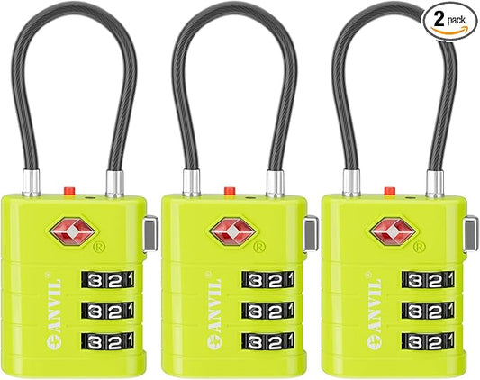ANVIL TSA Approved Luggage Locks – High Security TSA008 Combination Travel Locks with Inspection Indicator for Suitcases and Backpacks. (3, Grass Green)