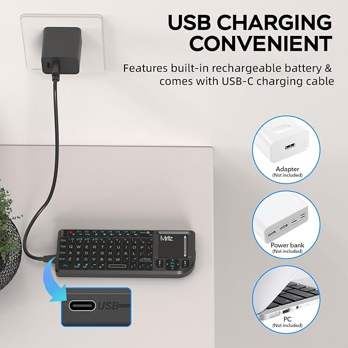 K808 Ultra-Thin Mini Keyboard with Touchpad, Bluetooth &2.4G Dual Mode & Backlit, USB-C Rechargeable, Compatible with iPad, Mac, Windows, Android - Portable for Travel, Office, Home - Black