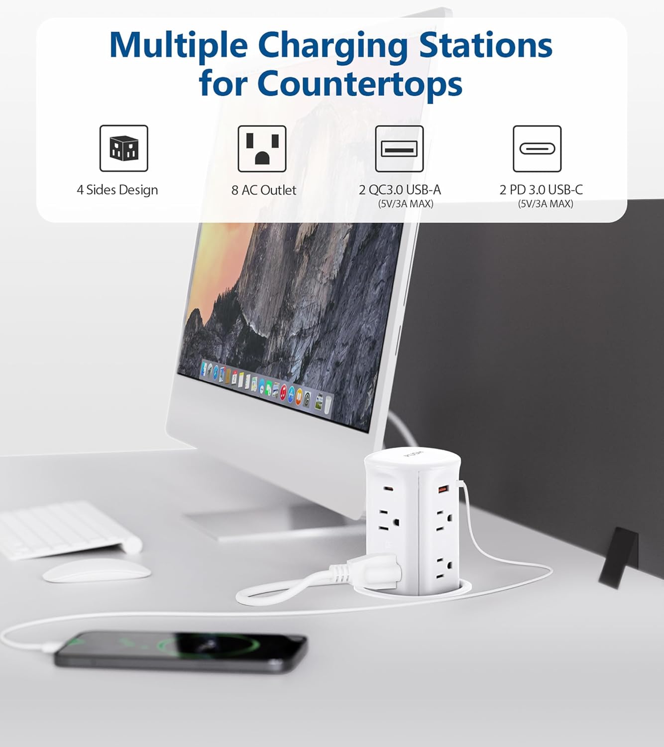 Pop up Outlet for Countertop,3.15-inch Hole Desk Grommet Power,8 Outlets 4 USB,20W USB C Fast Charging,Kitchen Island Pop Up Electrical Outlet
