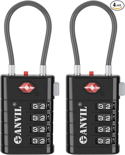 ANVIL TSA Approved Luggage Locks, 4 Digit Combination Travel Suitcase Locks with TSA008 Core and Open Alert Indicator, Zinc Alloy Body. (2, Black)