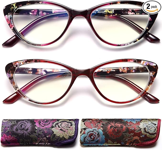 EYEURL Cat Eye Reading Glasses for Womens 2 Pack of Blue Light Blocking Readers +3.5 Spring Hinge Vintage Computer Eyeglass with Colorful Pattern Design