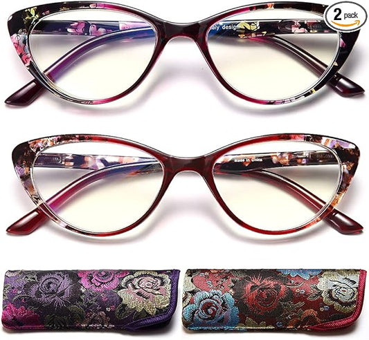 EYEURL Cat Eye Reading Glasses for Womens 2 Pack of Blue Light Blocking Readers +3.5 Spring Hinge Vintage Computer Eyeglass with Colorful Pattern Design