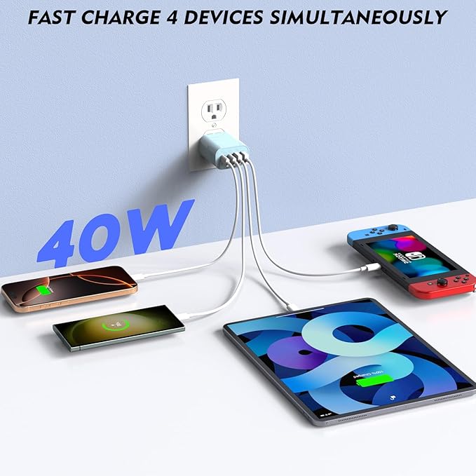 40W iPhone 17 Fast Charger Block,3Pack 4-Port USB C Charging Blocks QC Wall Plug+PD 3.0 Power Adapter Multiport Apple USB C Charging Plug for iPhone 17/Air/Pro/16/16e/15/15 Pro Max/14/13/12/iPad(Blue)