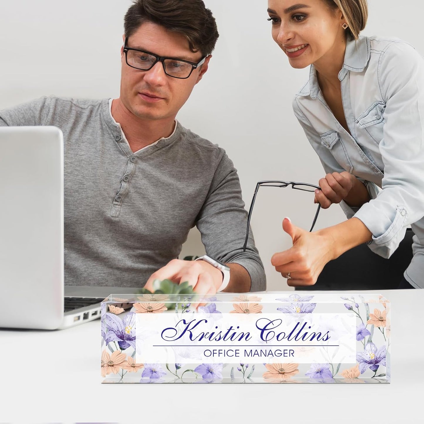 Custom Name Plate for Desk, Acrylic Office Decor For Women Men, Personalized Office Desk Accessories, Teacher Employee Appreciation Gifts For Social Worker Boss Coworkers (Flowers-5)