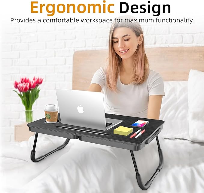BUYIFY Portable Foldable Laptop Desk for Bed and Couch, Adjustable Lap Desk with Cup Holder and Phone Holder, Ideal for Working, Reading, Writing, and Breakfast (Black)