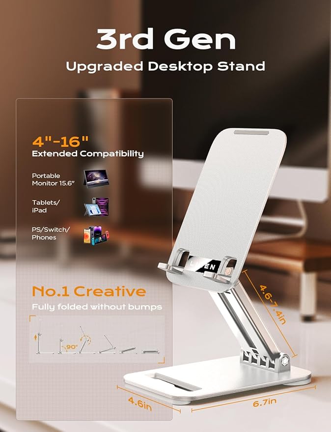 LISEN Tablet Stand for iPad Stand Holder Desk, Foldable Home Office Desk Accessories Travel for iPad Holder Dorm College Essentials Portable Monitor Stand Fits Tabs Kindle iPhone 4-15.9" White