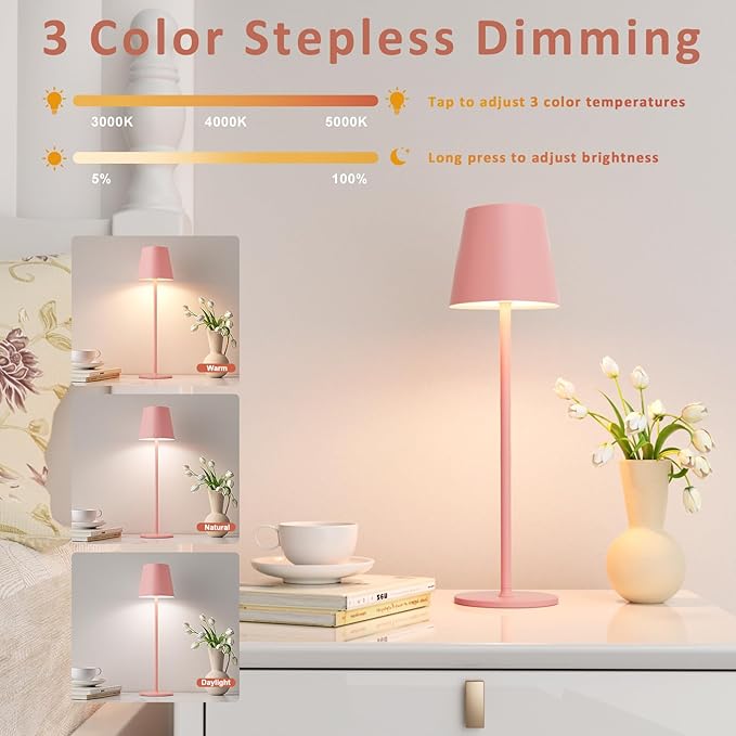 Kakanuo Pink Cordless Table Lamps, Rechargeable Lamp, Battery Operated Lamps, Touch Control Table Lamps, 3 Color Temperature, Stepless Dimmable, LED Portable Wireless Battery Lamp, Set of 2
