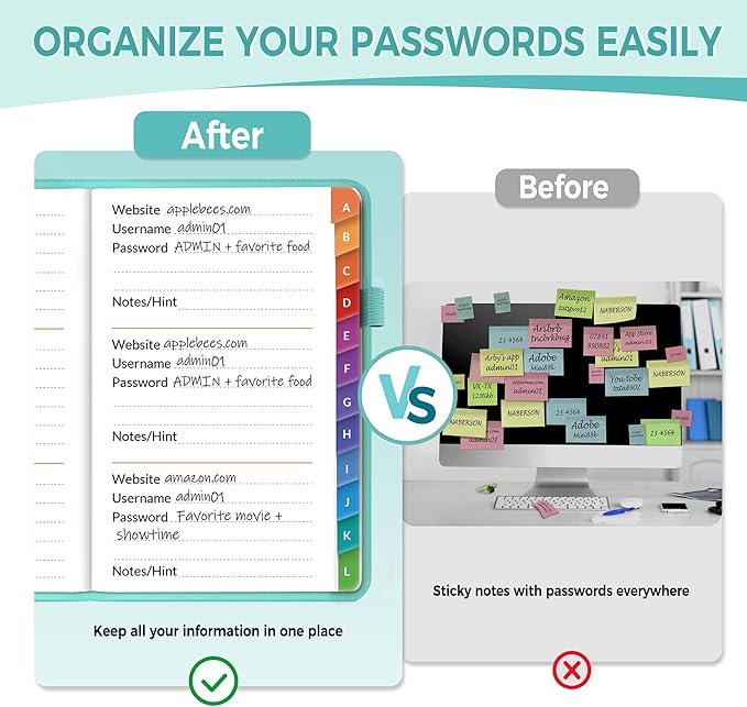 SUNEE Password Keeper Book with Colorful Alphabetical Tabs, Small Pocket Password Book for Internet Website Address Login, Gifts for Home and Office, 4''x 6''- Aquamarine