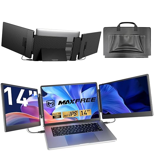 Maxfree Laptop Screen Extender, 14" FHD 1080P Triple Monitor for 13.3"-16.5" Laptop with Stand, HDMI/USB-C, Plug & Play, Built-in Speakers, Monitor Extender for Wins, MacOS, Android, Ps4/5, Phone