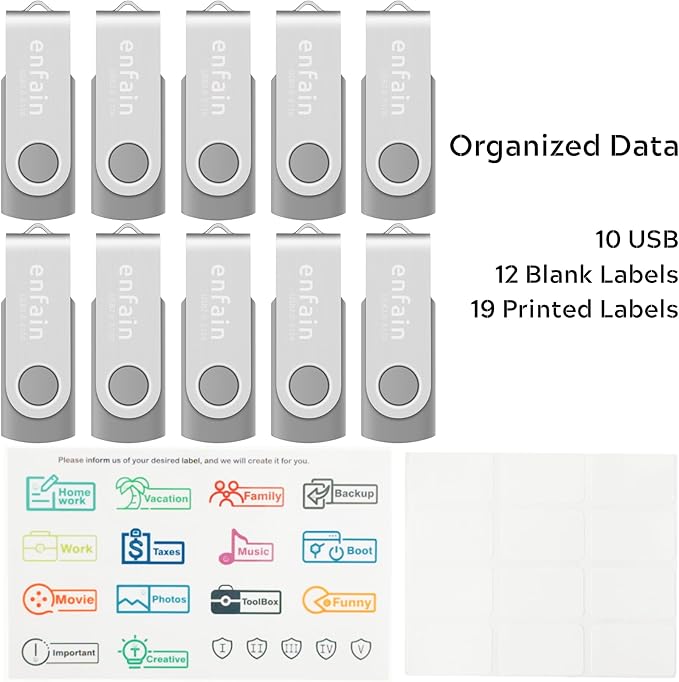 Enfain 16GB Gray Flash Drive USB 2.0 Bulk Thumb Drive Low Profile Jump Drives 10 Pack for Professional Data Distributing and Sharing in Work