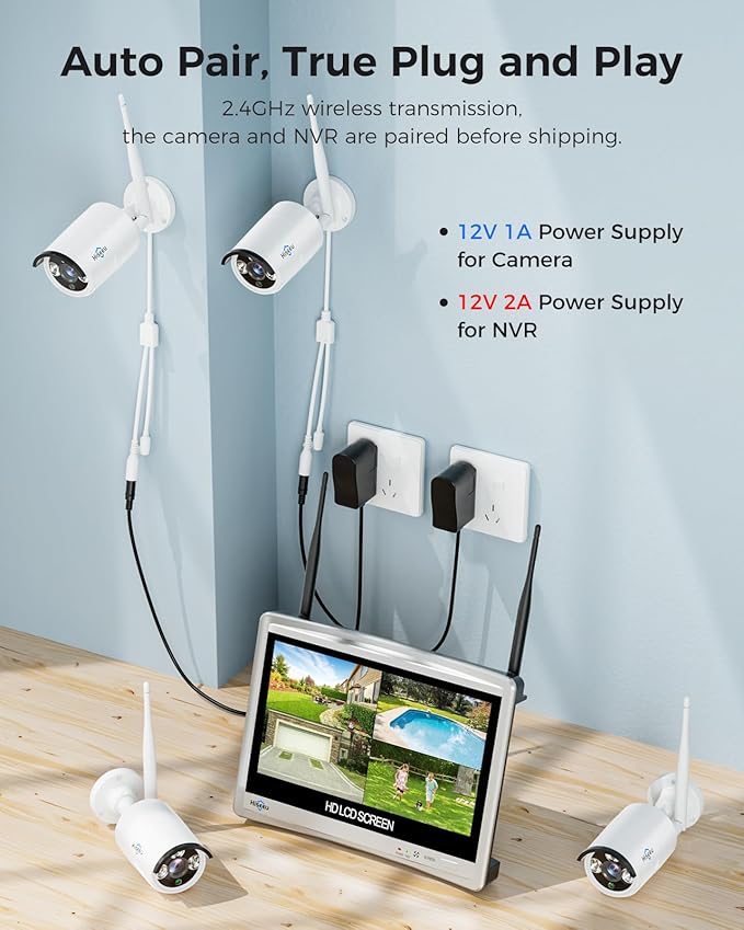 [16CH Expandable] Hiseeu Home Security System, 2.4G/5G Wireless WiFi Pro, 4K NVR with 12" LCD Monitor, 5MP Corded Electric Powered Outdoor Bullet Cameras, 24/7 Recording, 3TB HDD, Night Vision, IP65