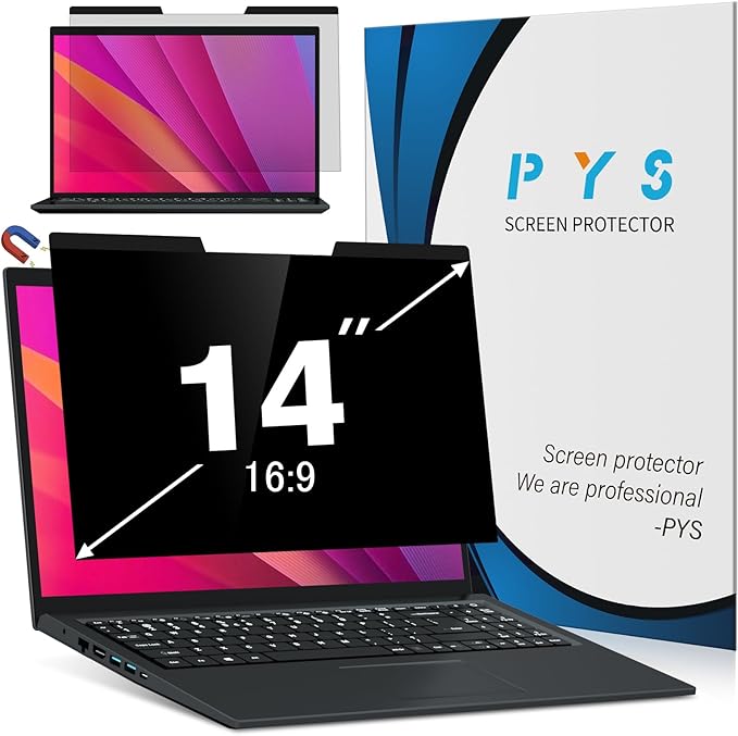 PYS Magnetic Laptop Privacy Screen 14 Inch (16:9 Aspect) - Anti-Glare Blue Light Filter, Removable Privacy Screen Protector Compatible with HP/Dell/Acer/Lenovo/Samsung/ASUS (12.2x6.9inch/ W x H)