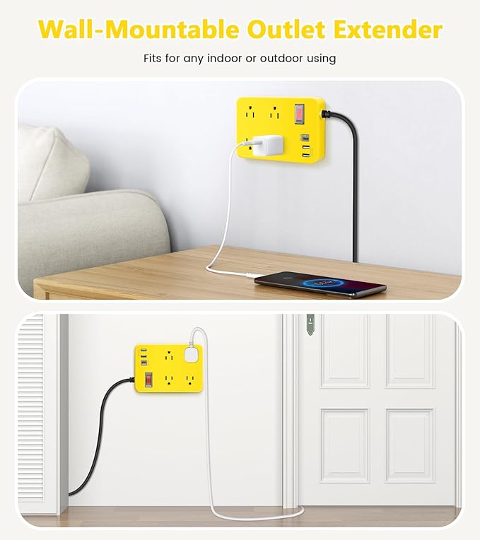 Outdoor Power Strip Weatherproof,Fast Charging Station 20W USB C,Waterproof Surge Protector 4 Outlets, Multi Outlet Extension for Camping, Garden, Kitchen,Bathroom,Flat Plug (Yellow, 10 FT Cable)