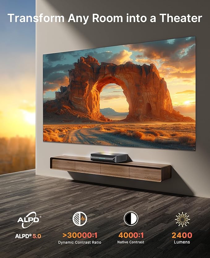NexiGo Aurora Pro MKII, 4K Tri-Color Laser UST Projector, 30000:1 Contrast Ratio, Dynamic Iris & Laser Dimming, 0.21:1 Throw Ratio, Dolby Vision & Atmos, HDR10+, 3D, 4.2ms ~ 8ms Low Latency