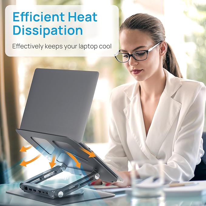 Adjustable Laptop Stand with 360 Rotating Base & USB Docking Station for MacBookPro/Air/Dell/HP/Lenovo, Portable Ergonomic Laptop Riser for Desk with USB Hub 100W PD/4K HDMI/Usb3.0/1000Mbps Ethernet