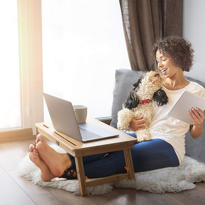 Drawing Table Nnewvante Laptop Desk Adjustable Drafting Desk Foldable Bamboo Bed Tray with Tablet Slot for Adult Kids, Large