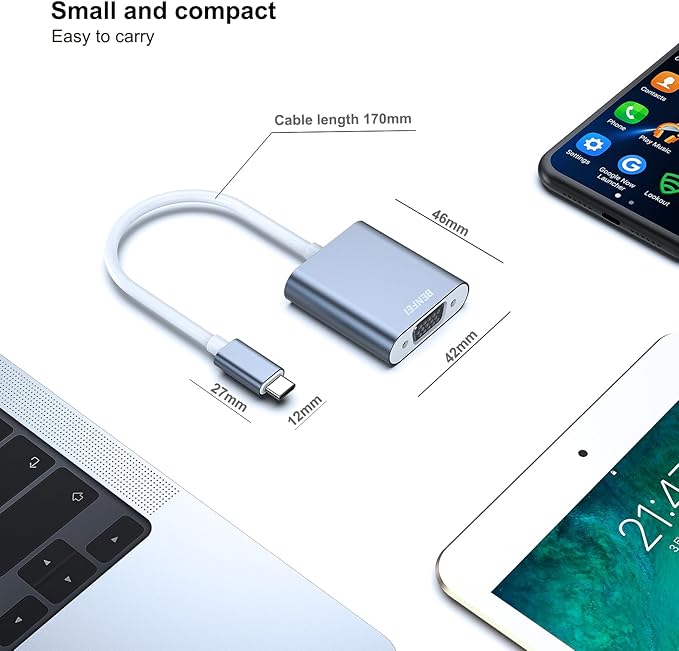 BENFEI USB C to VGA Adapter, Thunderbolt 3/4 to VGA Adapter Compatible with iPhone 15 Pro/Max, MacBook Pro/Air 2023, iPad Pro, iMac, S23, XPS 17, Surface Book 3 and More [Aluminium Shell,Grey]
