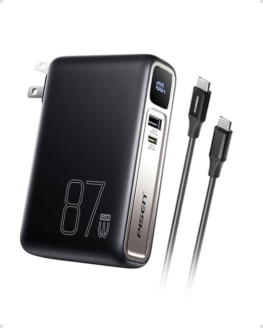 PISEN Wall Charger Power Bank - 87W 2-in-1 Hybrid Charger, 10000mAh GaN USB-C Portable Charger with Wall Plug, 87W Hybrid Charger Power Bank with Wall Plug for iPhone, iPad, MacBook, Samsung, Laptops
