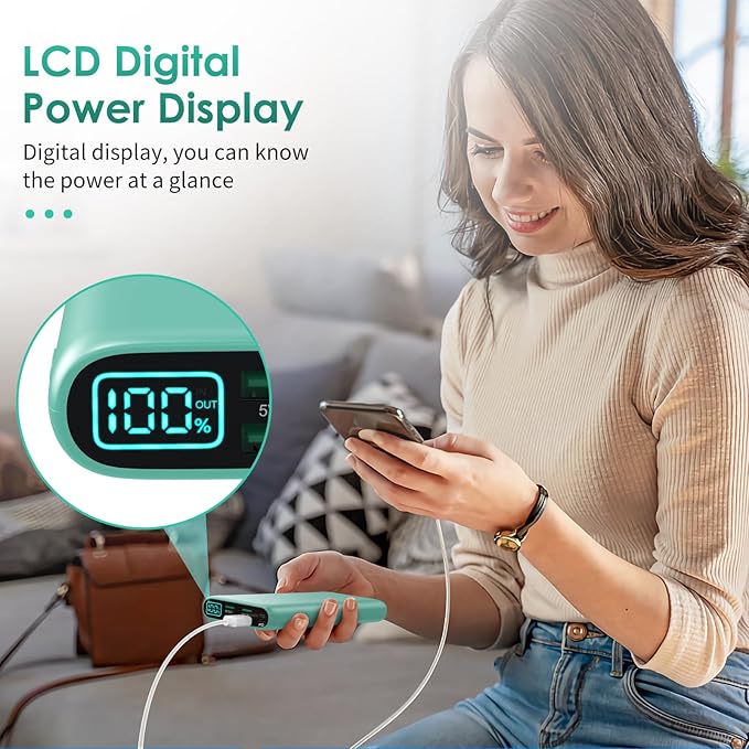 Portable Charger 38800mAh,LCD Display Power Bank,5 USB Outputs Battery Pack Backup,USB-C in&out Dual Input Phone Charging Compatible with iPhone 16/15/14 Pro,Android Samsung Galaxy Pixel Nexus-Green