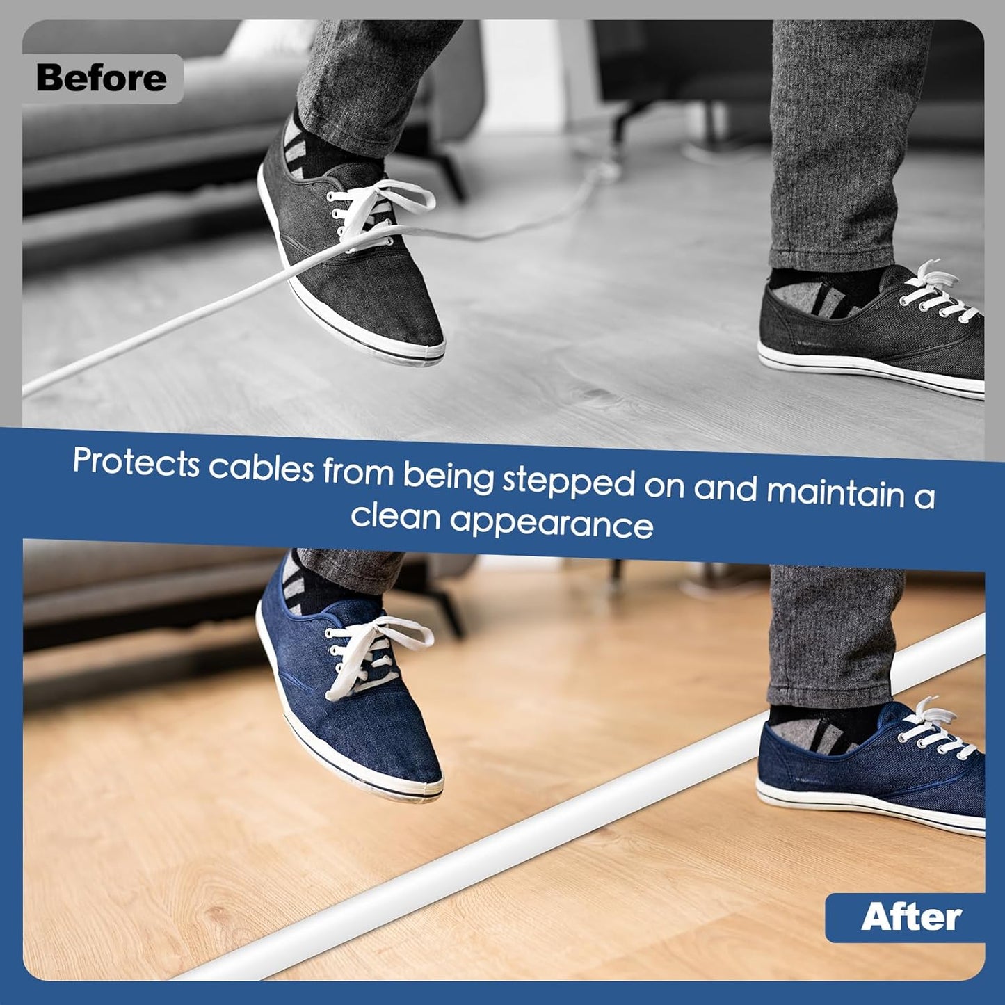 Floor Cord Cover for Wires on Floor Self Adhesive Cord Hider Floor Cable Management Wire Covers for Cords Protector Prevent Cable Trips Cord Cavity W 0.51" x H 0.31", White, 3.3Ft